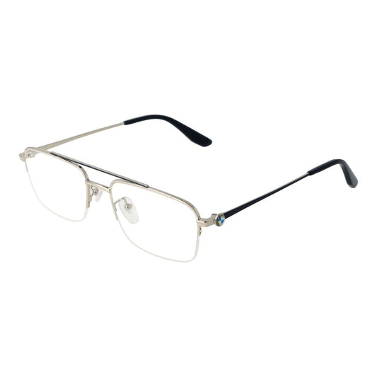 BMW Gray Men Glasses Frame, half-rim metal design, aviator style, includes branded case, dimensions 54-18-150, gray plastic lenses.