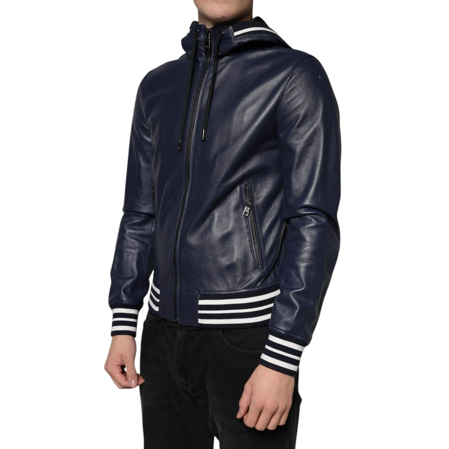 Dolce & Gabbana Blue Leather Full Zip Hooded Bomber Jacket
