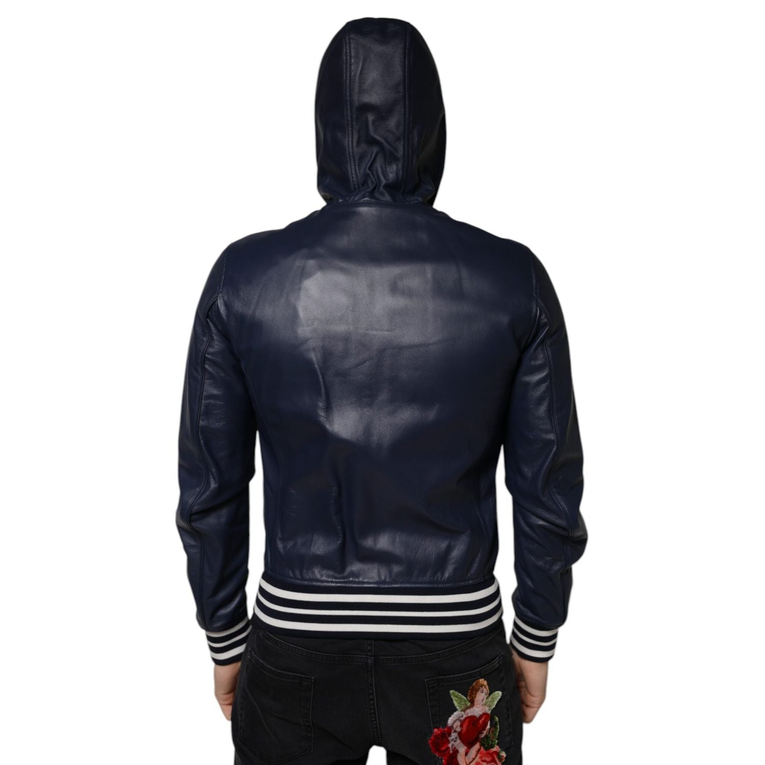 Dolce & Gabbana Blue Leather Full Zip Hooded Bomber Jacket