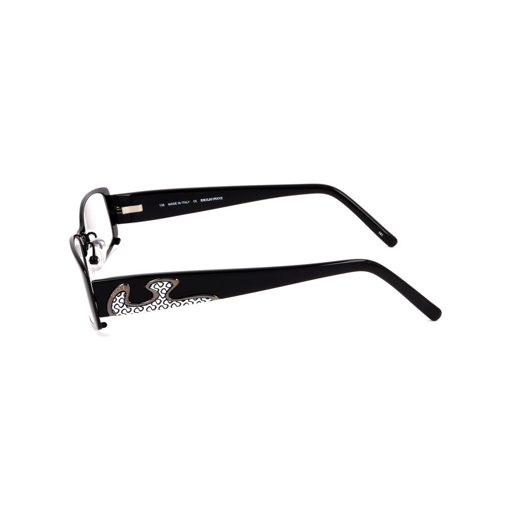 Emilio Pucci Black Metal Frames side view showcasing elegant black design and intricate detailing. Lens/Bridge/Temple: 52/17/135mm.