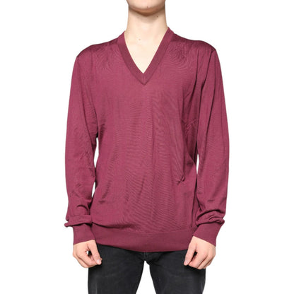 Dolce & Gabbana Maroon Cashmere V-neck Men Pullover Sweater