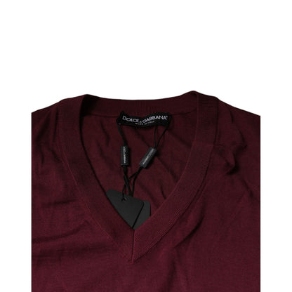 Dolce & Gabbana Maroon Cashmere V-neck Men Pullover Sweater
