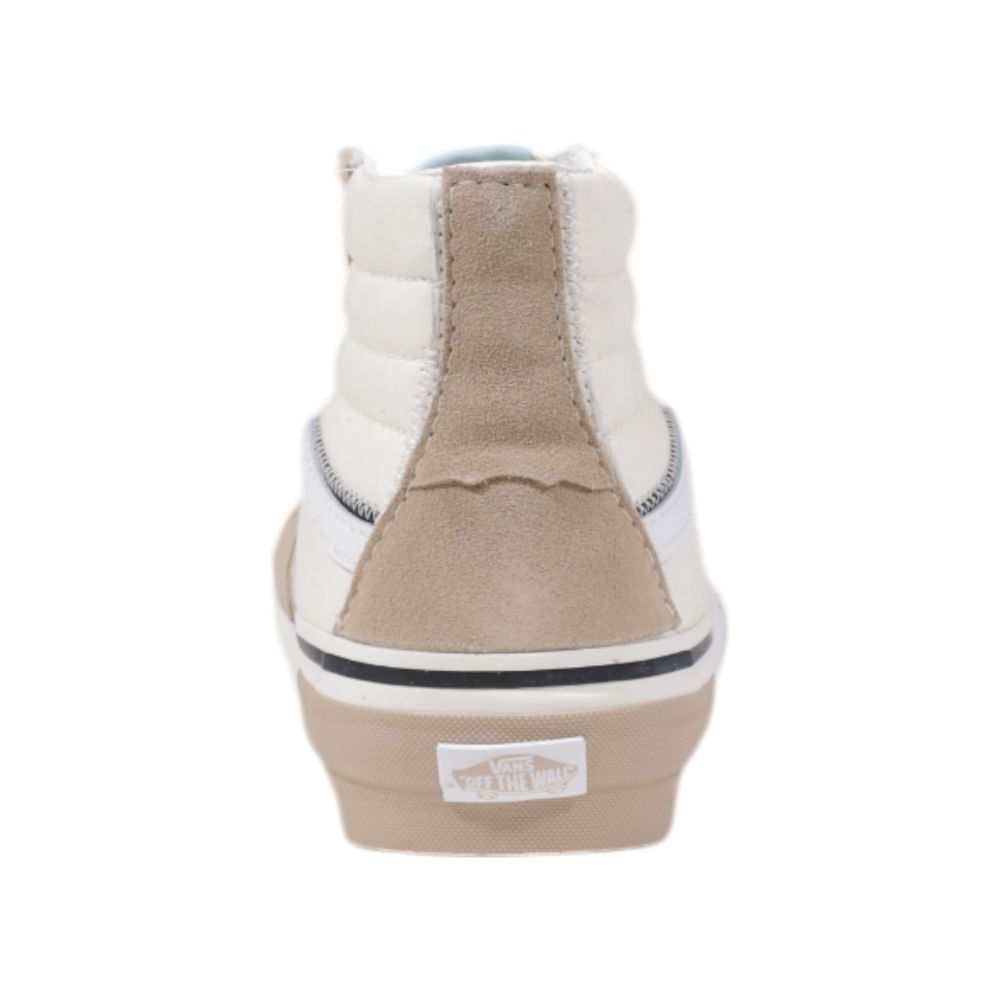 Back view of high-top Vans Beige Leather Sneaker with white rubber sole and classic design.