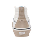 Back view of high-top Vans Beige Leather Sneaker with white rubber sole and classic design.