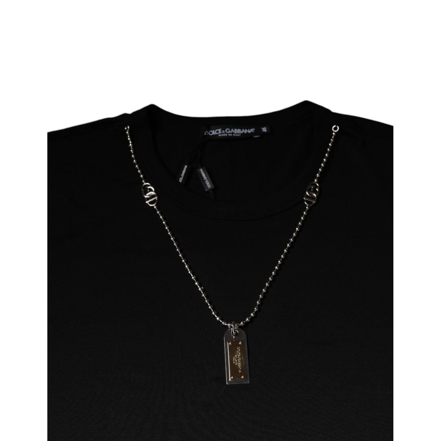 Dolce & Gabbana Black Cotton Necklace Embellished T-shirt