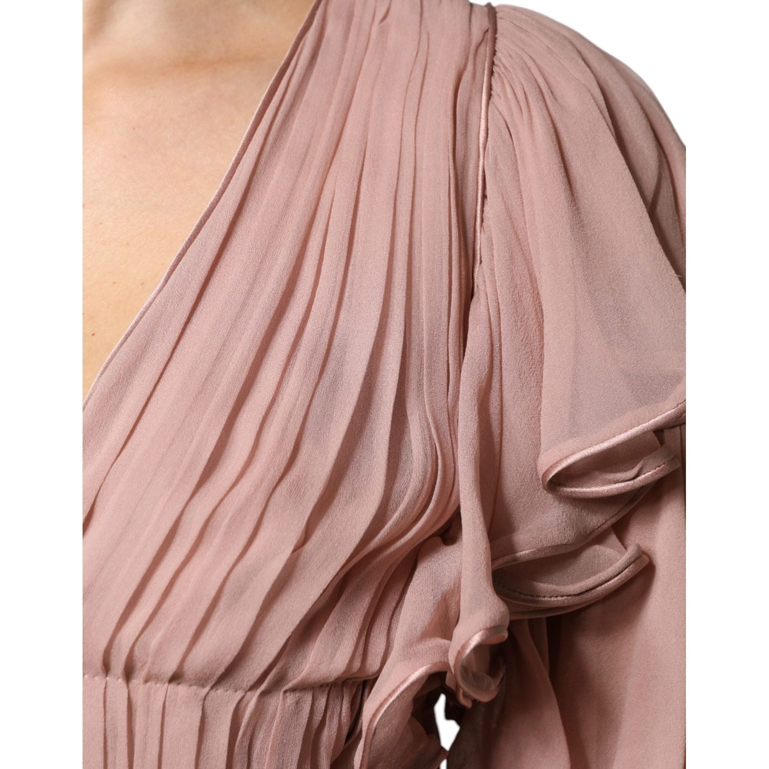 Alberta Ferretti Brown Silk Short Sleeves V-neck Pleated Top