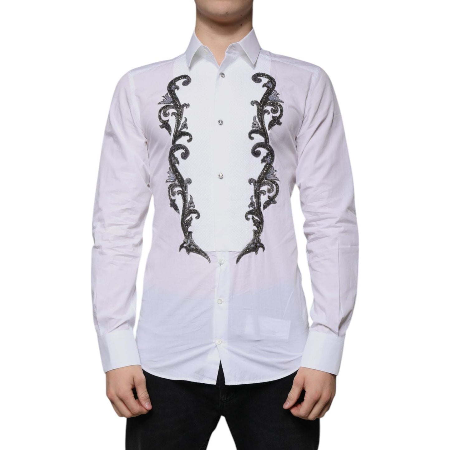 Dolce & Gabbana White Slim Fit Baroque GOLD Men Dress Shirt