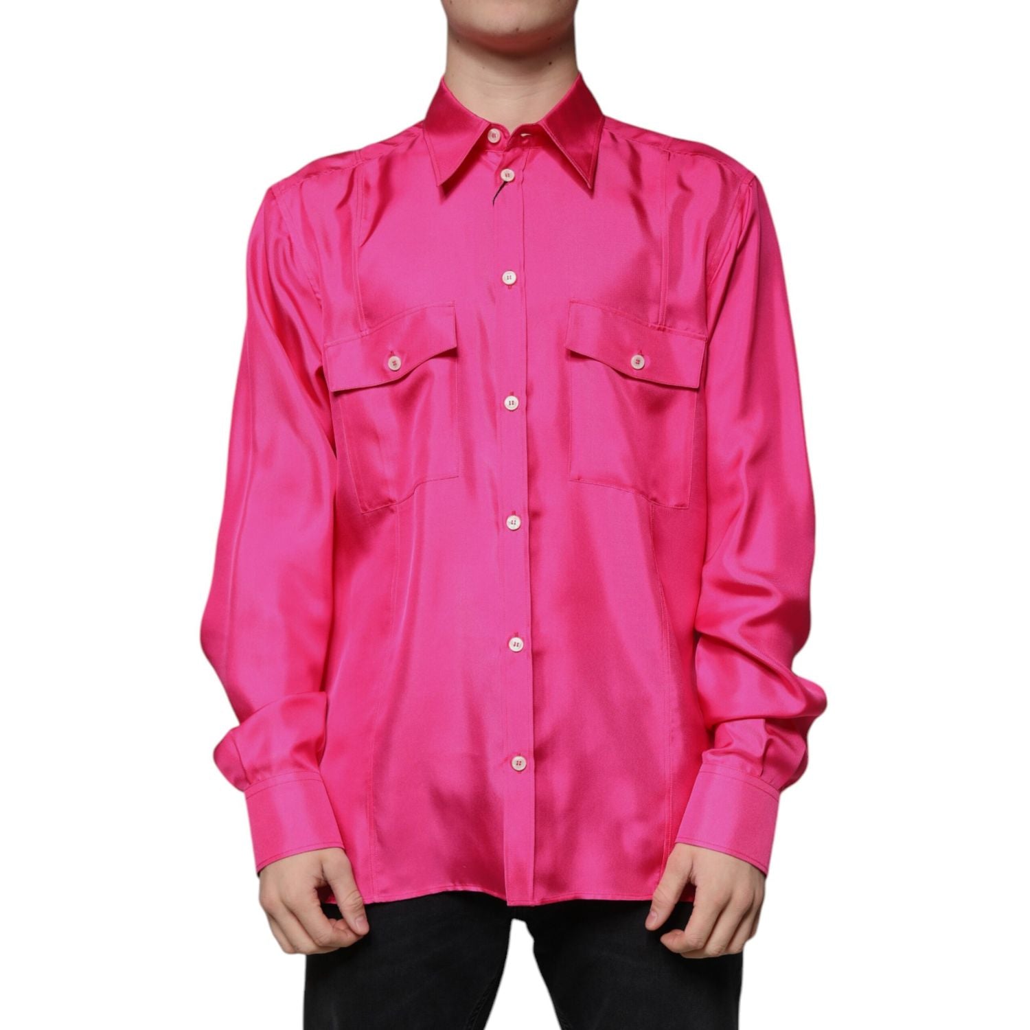 Dolce & Gabbana Pink Silk Collared Button Down Men Shirt