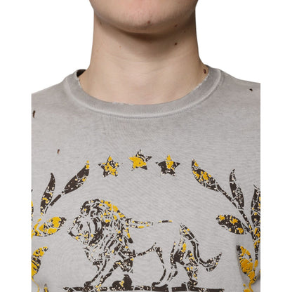Dolce & Gabbana Gray Printed Cotton Crewneck Pullover Sweater
