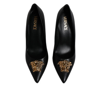 Versace Black Leather Logo Plaque High Heels Pumps Shoes