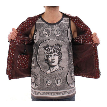 Dolce & Gabbana Bordeaux Leather Boxer Print Jacket Coat1728,67345645728,Bordeaux,Clothing,Dolce & Gabbana,IT48 | M,Jackets & Coats - Clothing,Jackets - Men - Clothing,Leather Jackets - Jackets & Coats - Clothing,Material: 100% Leather Lambskin,Men,Men -