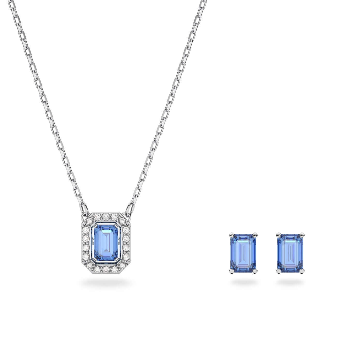 SWAROVSKI Mod. 5641171 silver necklace set with blue gemstones for ladies, includes earrings, quartz analog movement, 3 ATM water resistance.