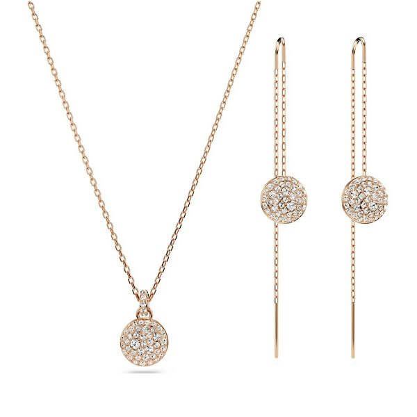 Elegant rose gold necklace and earring set with crystal embellishments.