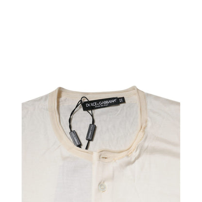 Dolce & Gabbana Off White Silk Crew Neck Henley T-shirt