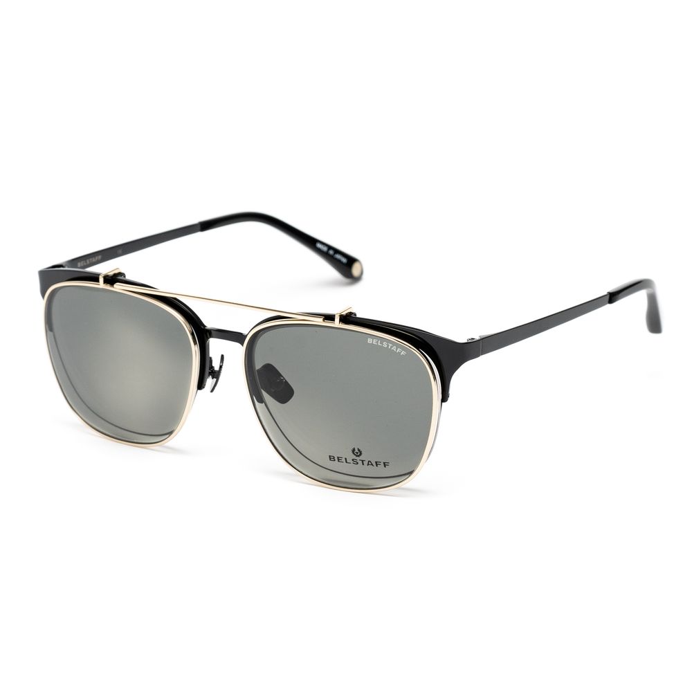 Belstaff Black Titanium Frames sunglasses with clip-on, grey lenses, hand-polished, made in Japan, high-grade acetate.