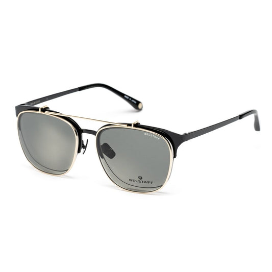 Belstaff Black Titanium Frames sunglasses with clip-on, grey lenses, hand-polished, made in Japan, high-grade acetate.