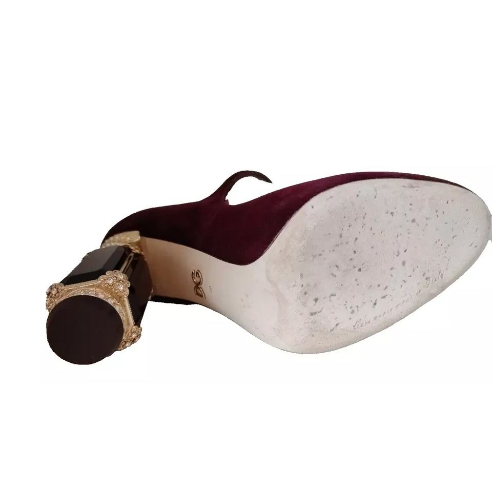 Dolce & Gabbana Red Velvet Gold Crystals Heels Mary Janes Shoes