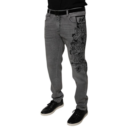 Dolce & Gabbana Gray Graphic Print Cotton Skinny Denim Jeans