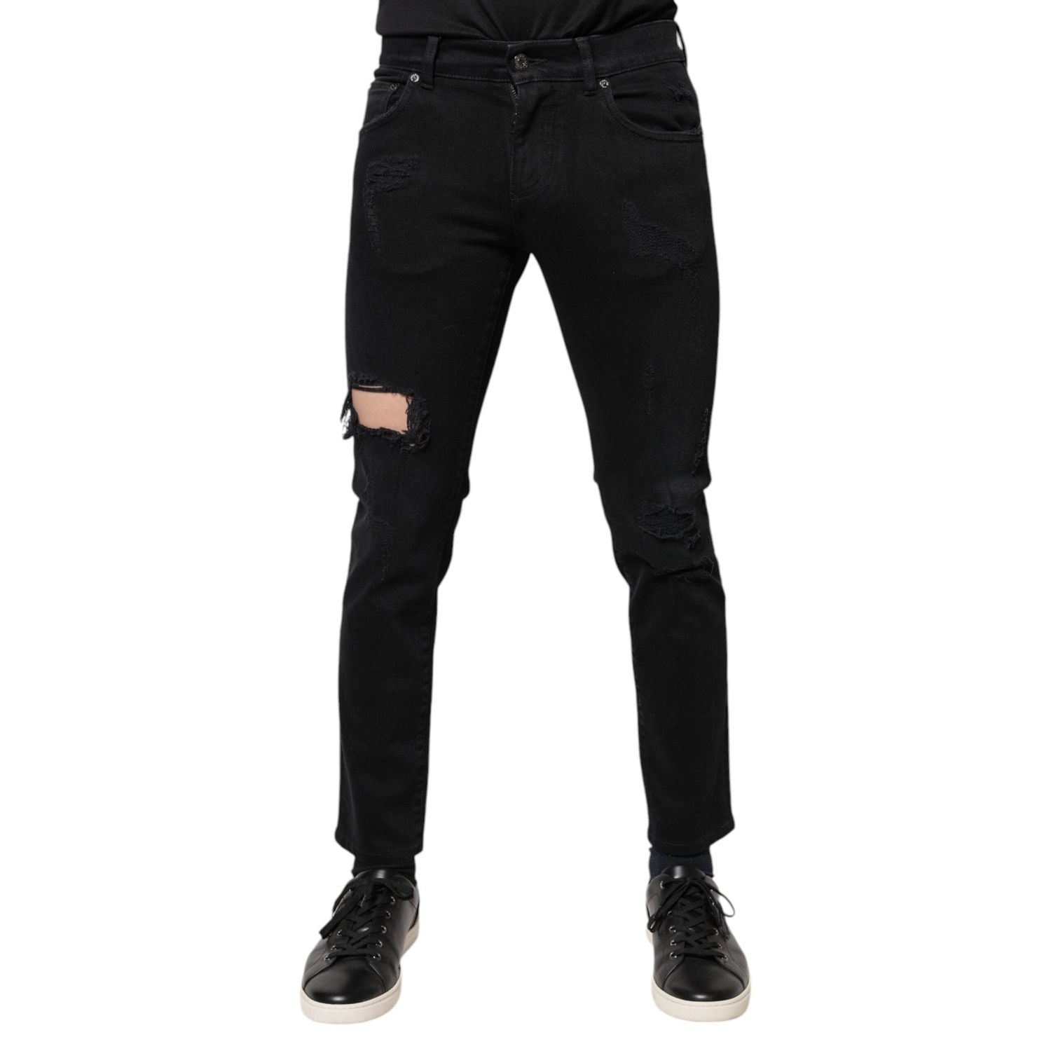 Dolce & Gabbana Black Cotton Tattered Skinny Denim Logo Jeans