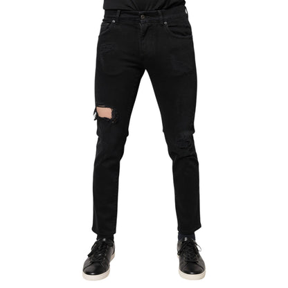 Dolce & Gabbana Black Cotton Tattered Skinny Denim Logo Jeans