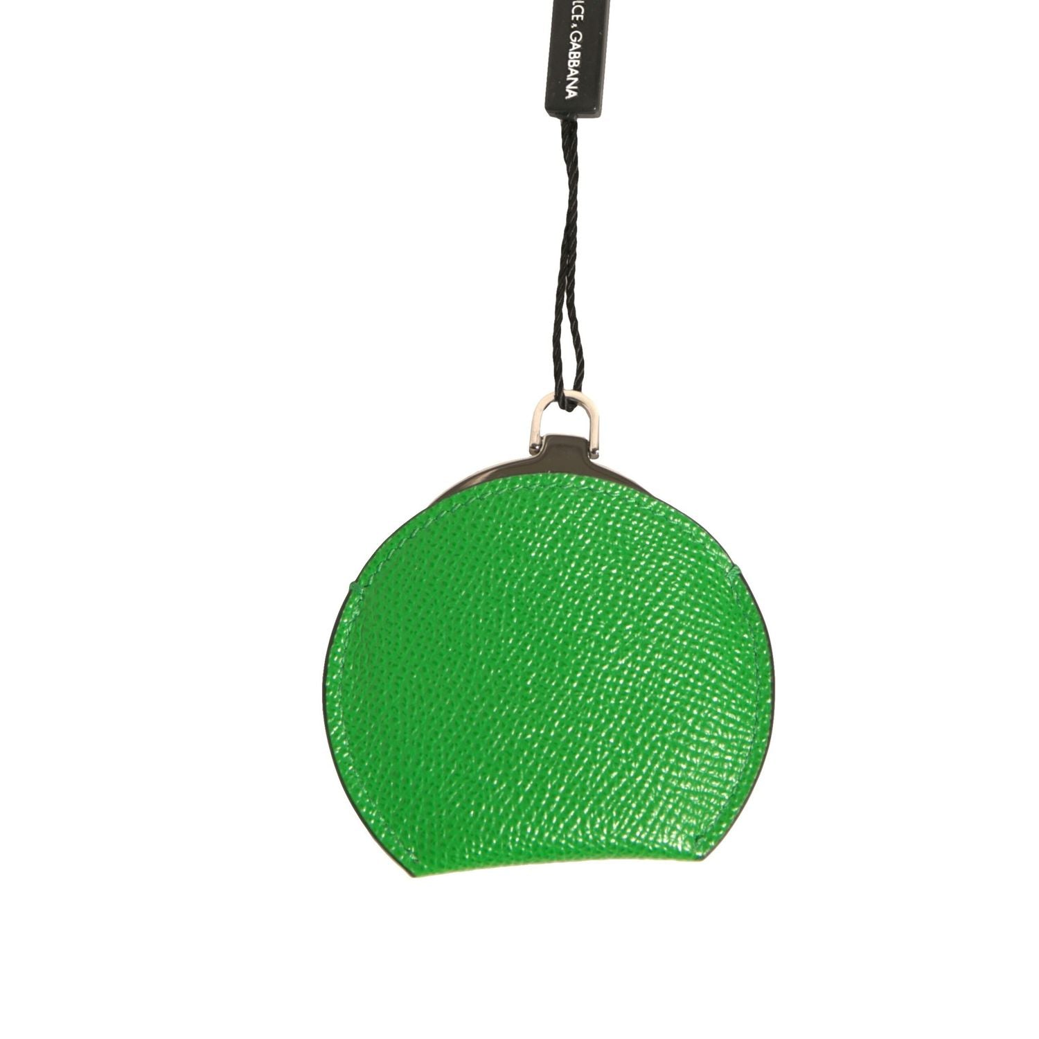Dolce & Gabbana Green Calfskin Leather Round Logo Hand Mirror Holder