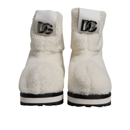 Dolce & Gabbana White Plush Logo Padded Mid Calf Boots Shoes