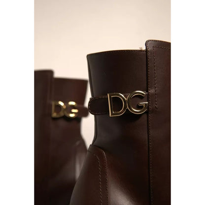 Dolce & Gabbana Brown Leather Heels Mid Calf Boots Shoes