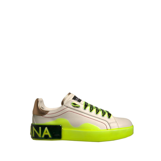 Dolce & Gabbana White Yellow Portofino Leather Sneakers Shoes