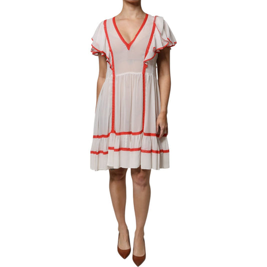 Twinset White Viscose Ruffle Sleeves A-line Pleated Mini Dress DR281346-46