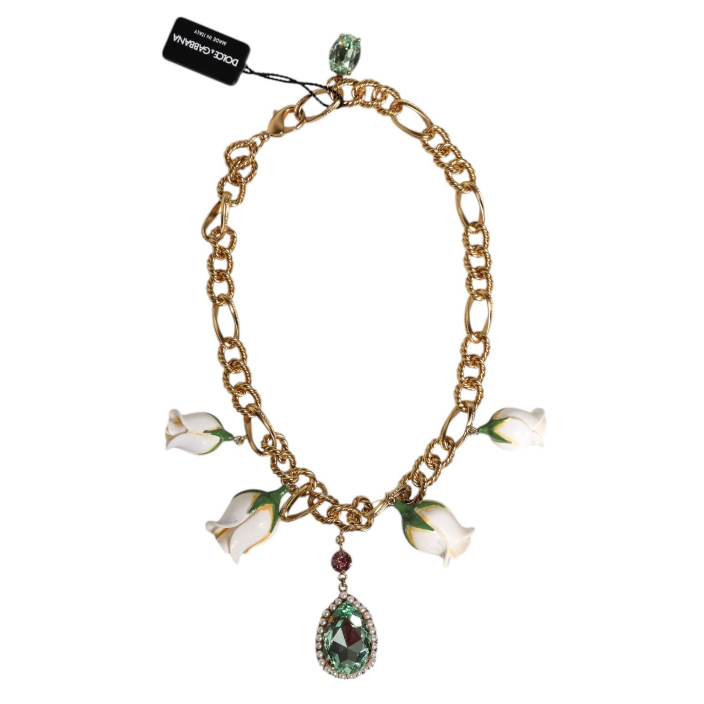Dolce & Gabbana Gold Brass Short Chain Flower Crystal Pendant Necklace
