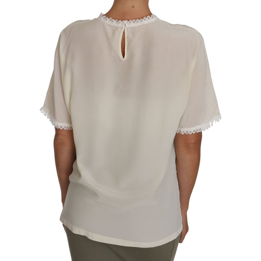 Dolce & Gabbana White Cream Silk Lace Top Blouse T-Shirt TSH2687#3- 44