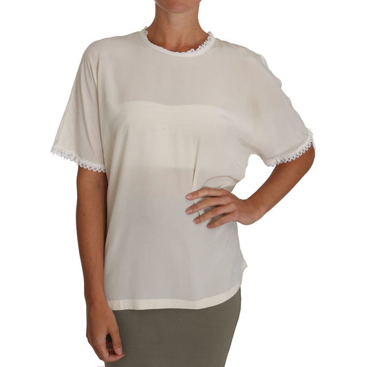 Dolce & Gabbana White Cream Silk Lace Top Blouse T-Shirt TSH2687#3- 44