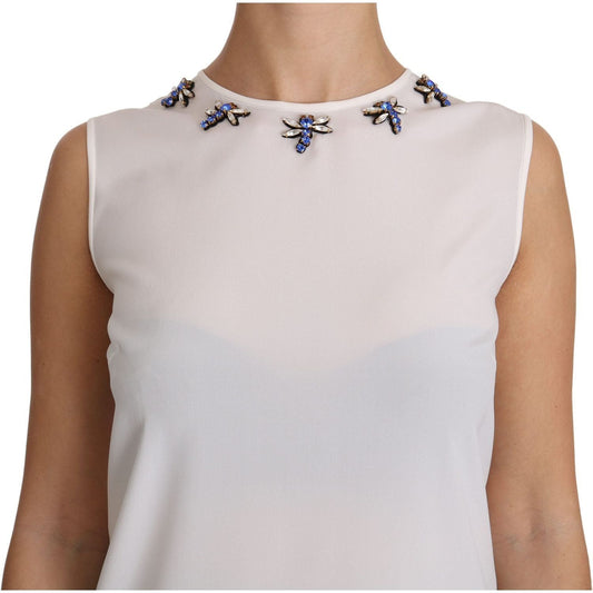 Dolce & Gabbana White Silk Embellished Crystal Dragonfly Top TSH2945-40