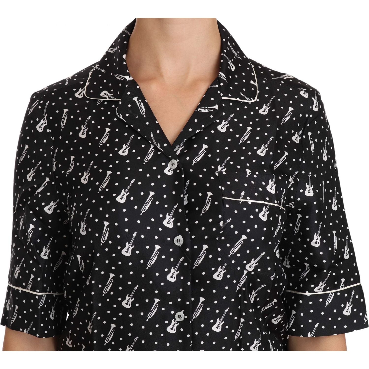 Dolce & Gabbana Black GuitarTrumpet Print Silk Shirt Top