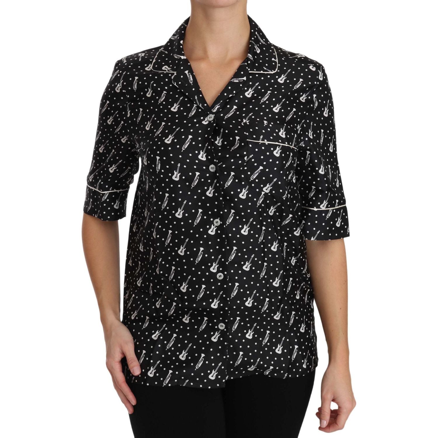 Dolce & Gabbana Black GuitarTrumpet Print Silk Shirt Top
