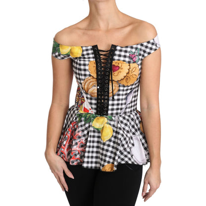 Dolce & Gabbana Black and White Corset Blouse Sicily Lemon Check Top