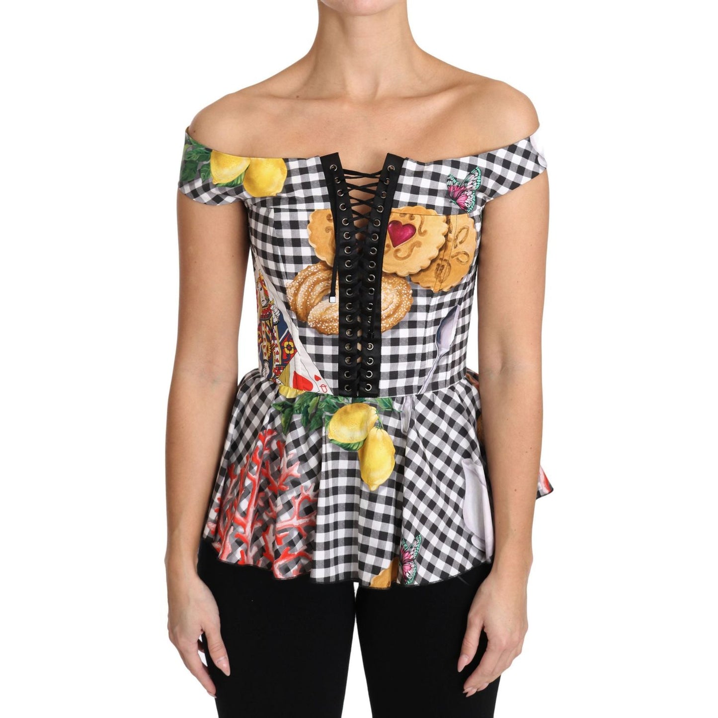 Dolce & Gabbana Black and White Corset Blouse Sicily Lemon Check Top
