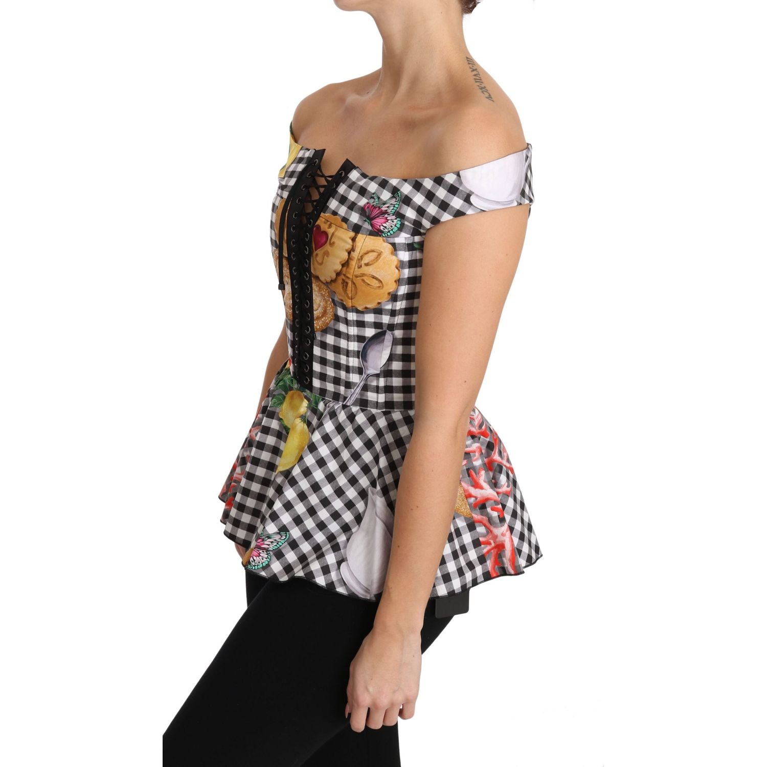 Dolce & Gabbana Black and White Corset Blouse Sicily Lemon Check Top