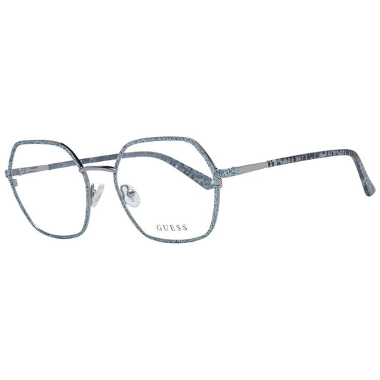 Guess Silver Women Glasses Frame with full-rim square design, silver metal, demo lenses, spring hinge, includes branded case.