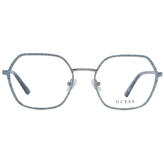 Guess Silver Women Glasses Frame, metal full-rim square style with demo lenses and branded case, spring hinge, temples length 140mm.