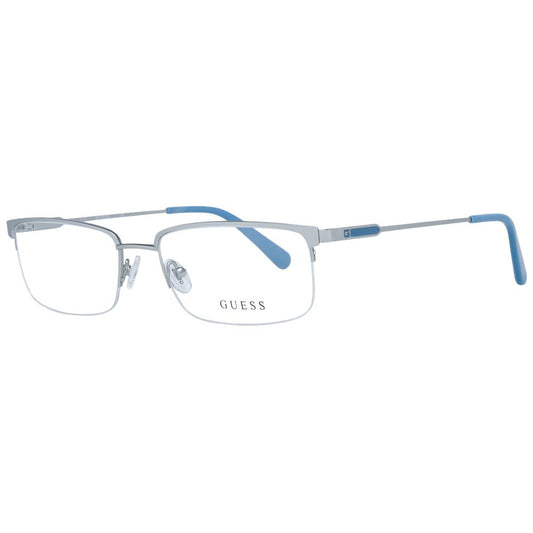 Guess Silver Men Glasses Frame half-rim design, metal material, with demo lenses and spring hinge for comfort.