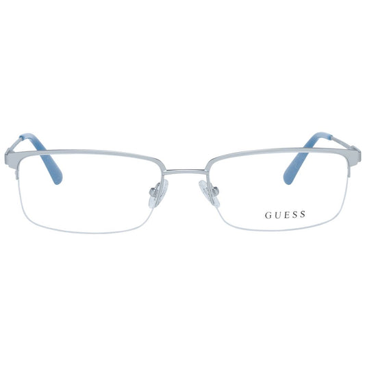Guess Silver Men Glasses Frame, rectangle shape, metal half-rim with demo lenses, includes branded case and spring hinges.