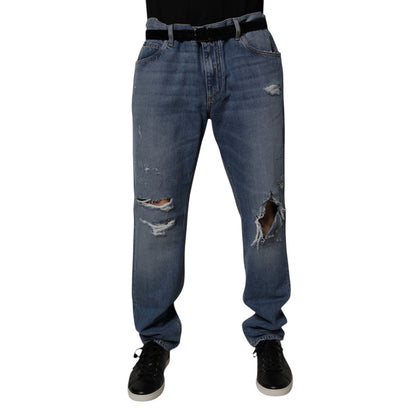 Dolce & Gabbana Blue Tattered Cotton Straight Denim Jeans