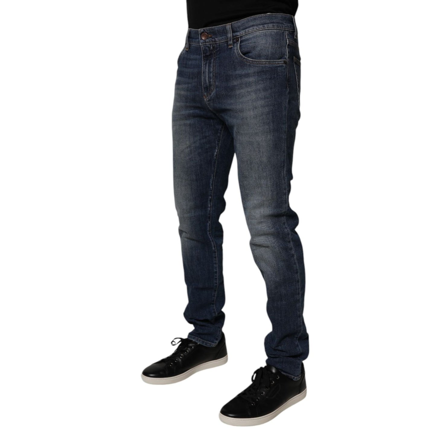 Dolce & Gabbana Dark Blue Cotton Leather Skinny Denim Jeans