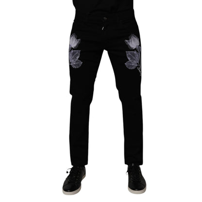 Dolce & Gabbana Black Floral Cotton Skinny Men Denim Jeans