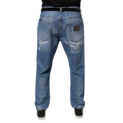 Dolce & Gabbana Blue Tattered Straight Cotton Denim Jeans