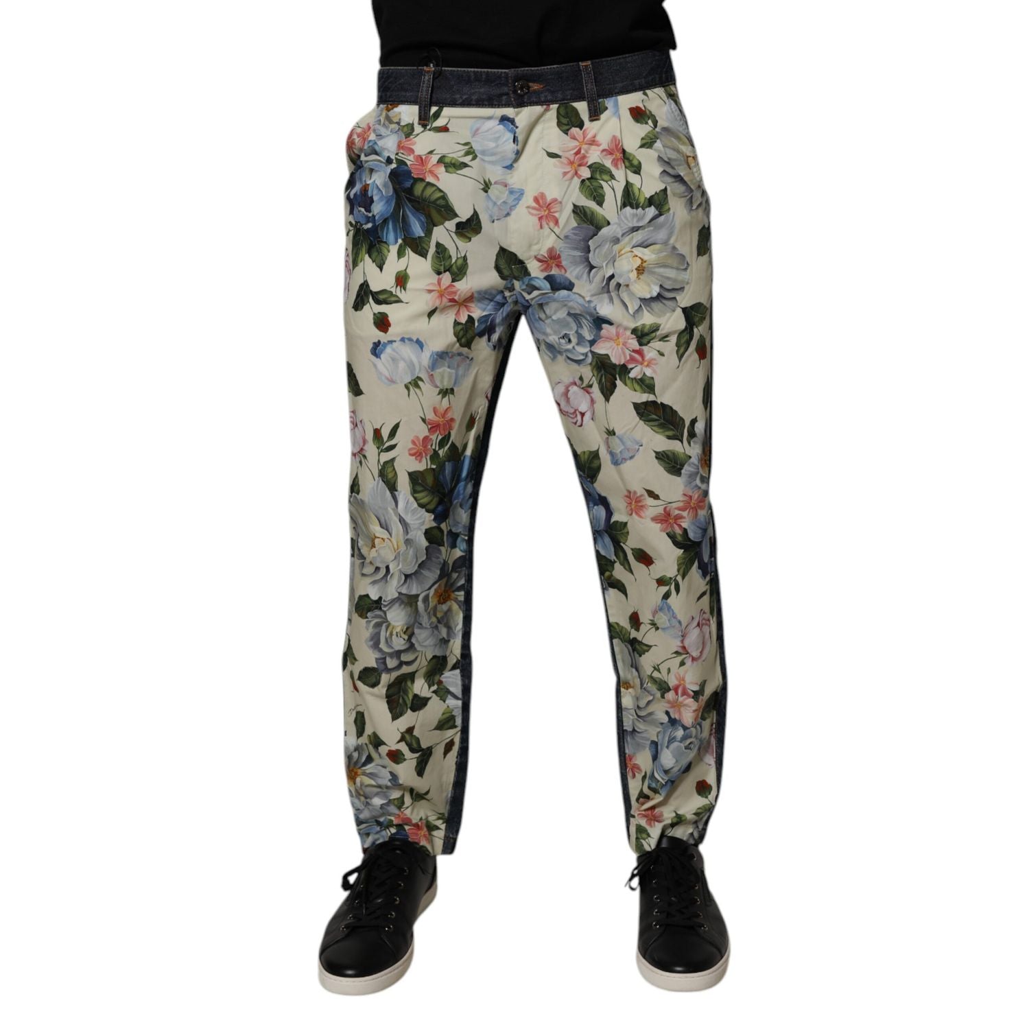 Dolce & Gabbana Beige Blue Floral Cotton Men Denim Jeans