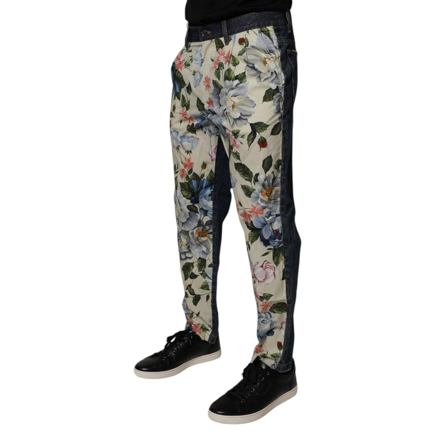 Dolce & Gabbana Beige Blue Floral Cotton Men Denim Jeans