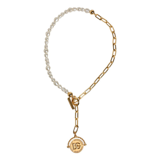 Dolce & Gabbana Gold Chain Brass Faux Pearl Charm Logo Pendant Necklace