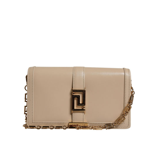 Versace Beige Gold Chain Calf Leather Wallet Crossbody Bag